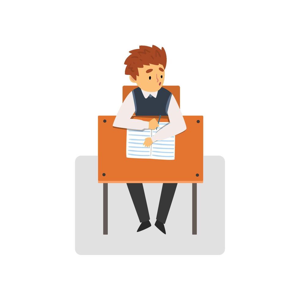 Male Student Sitting at Desk in Classroom, Schoolboy Studying at School, College Illustration vector