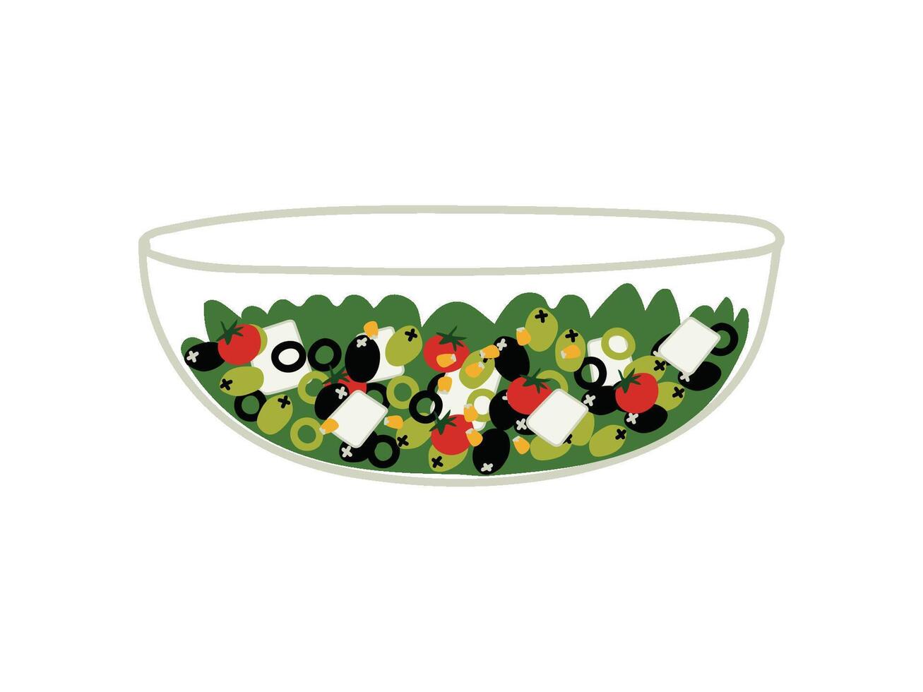 Delicious Salad with Lettuce, Tomatoes, Cheese and Olives in Glass Transparent Bowl, Fresh Healthy Dish Illustration vector
