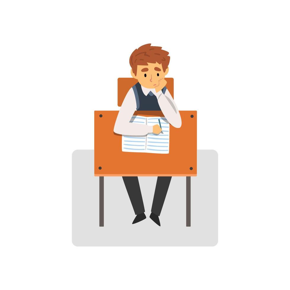 Student Sitting at Desk in Classroom, Schoolboy Studying at School, College Illustration vector