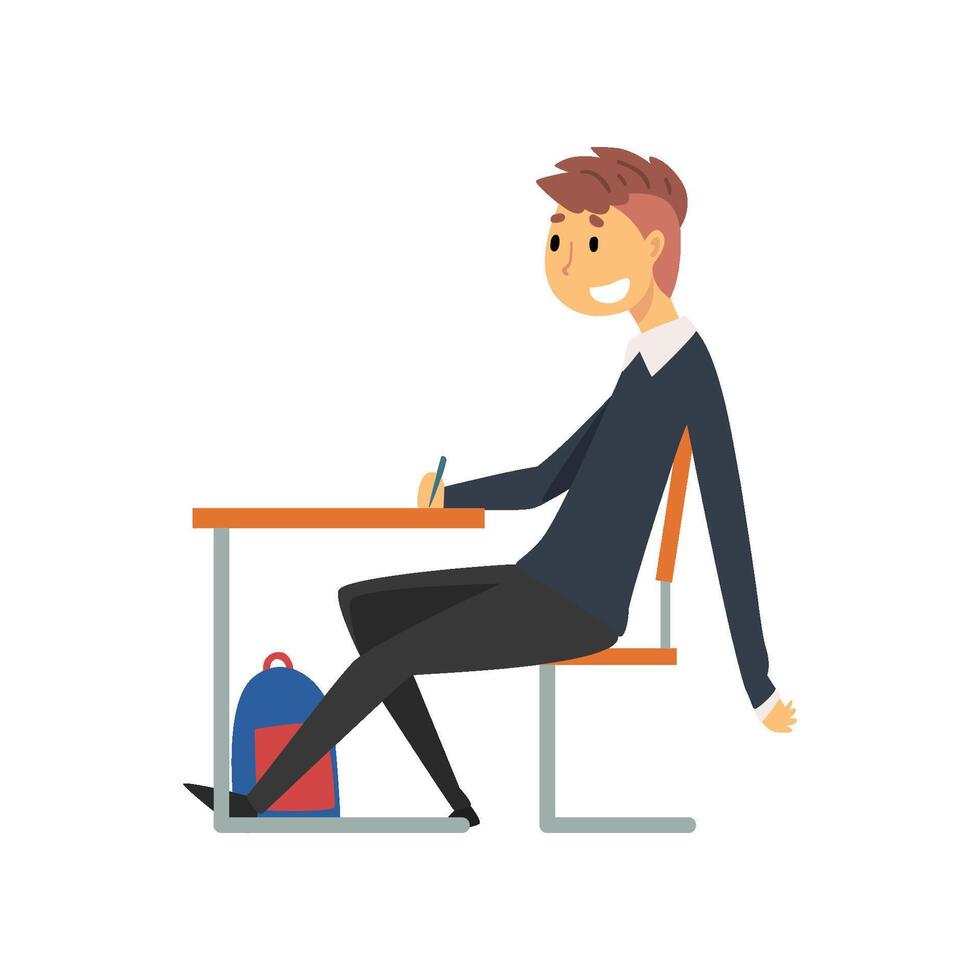 Male Student Sitting and Writing at Desk in Classroom, Side View, Schoolboy in Uniform Studying at School, College Illustration vector