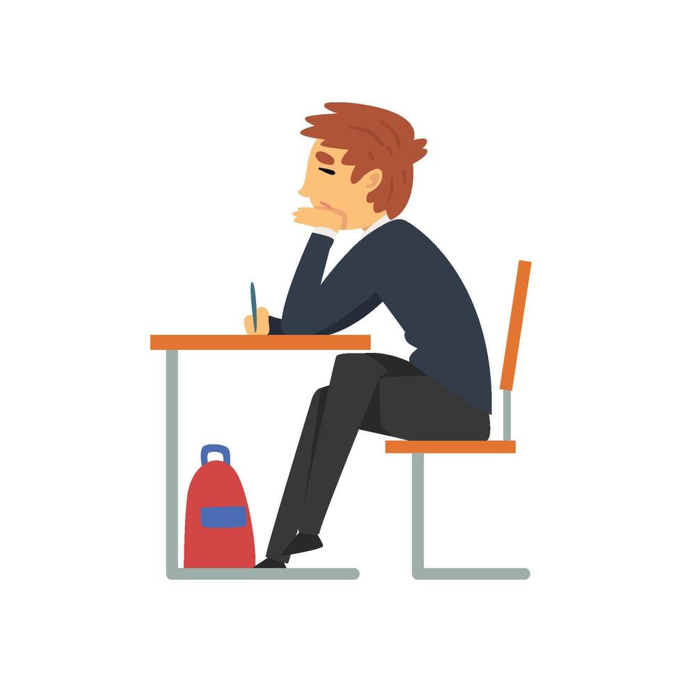 Male Student Sitting at Desk in Classroom with Closed Eyes, Side View, Schoolboy in Uniform Studying at School, College Illustration vector