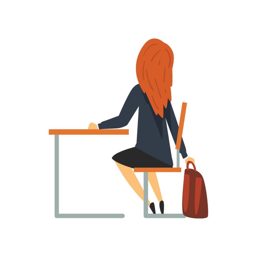 Female Student Sitting at Desk, Schoolgirl in Uniform Studying at School, College Illustration vector