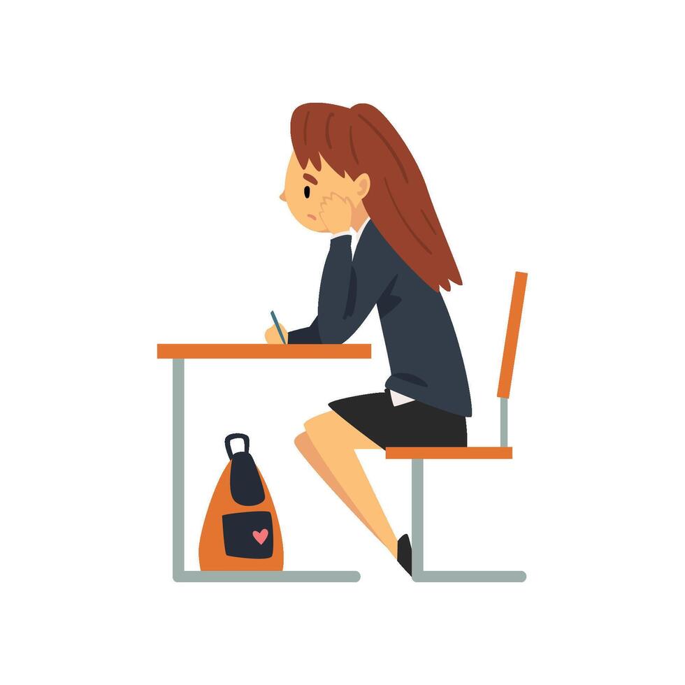 Bored Female Student Sitting at Desk in Classroom, Side View, Schoolgirl in Uniform Studying at School, College Illustration vector