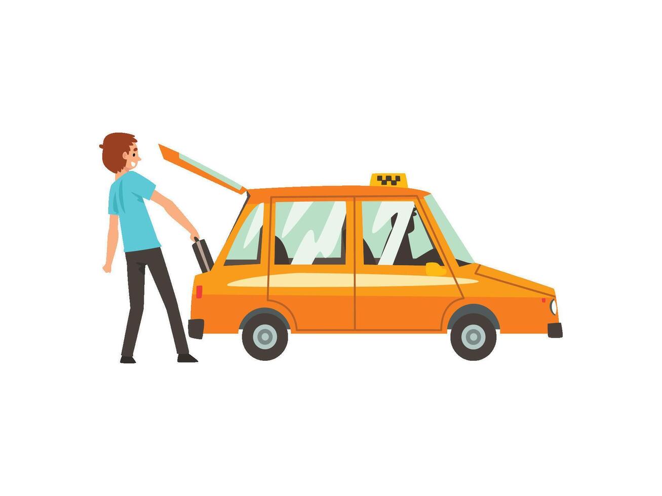 Taxi Service, Man Putting Luggage in Car Cartoon Illustration vector