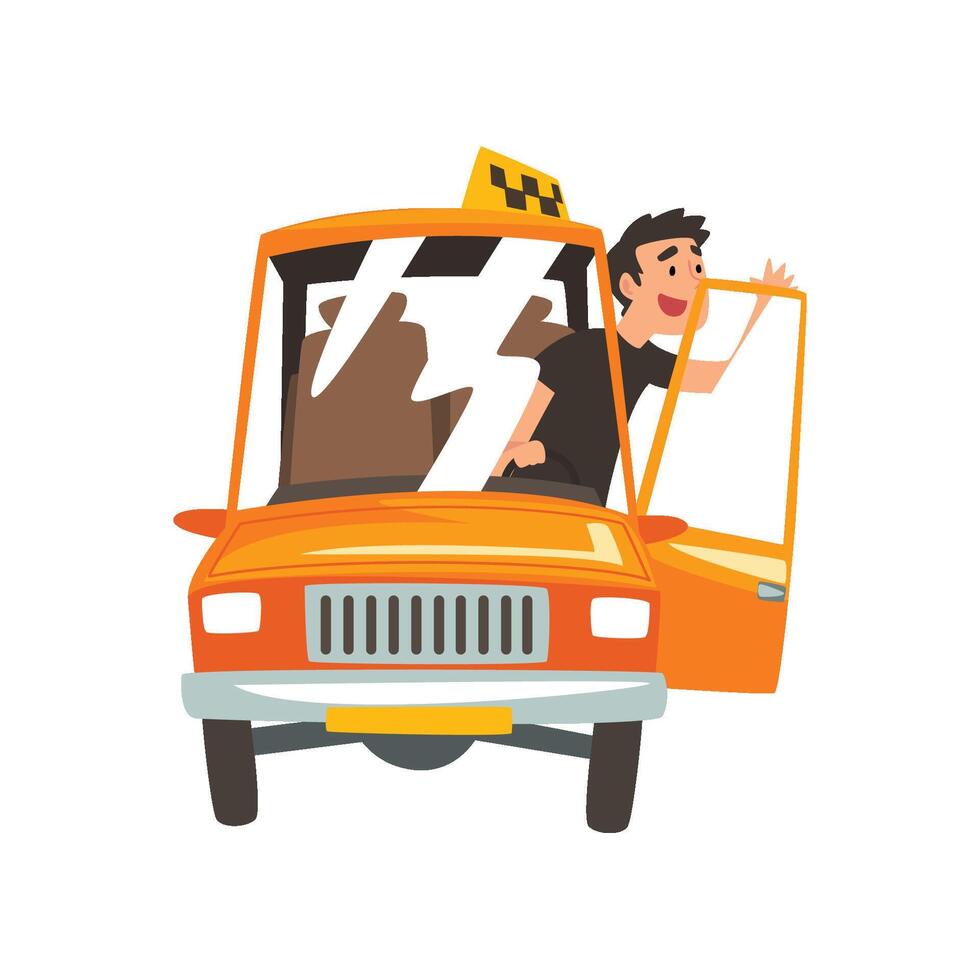 Taxi Driver in Yellow Car, Taxi Service Cartoon Illustration vector