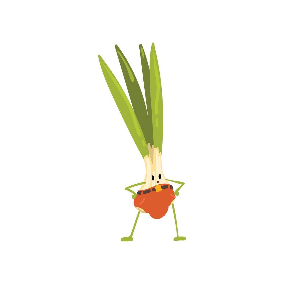 Cute Brave Onion Vegetable Character in Pants with Funny Face Illustration vector