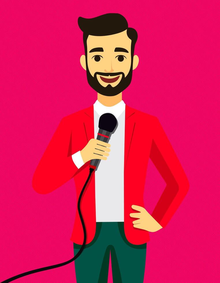 A man in a red jacket is holding a microphone vector