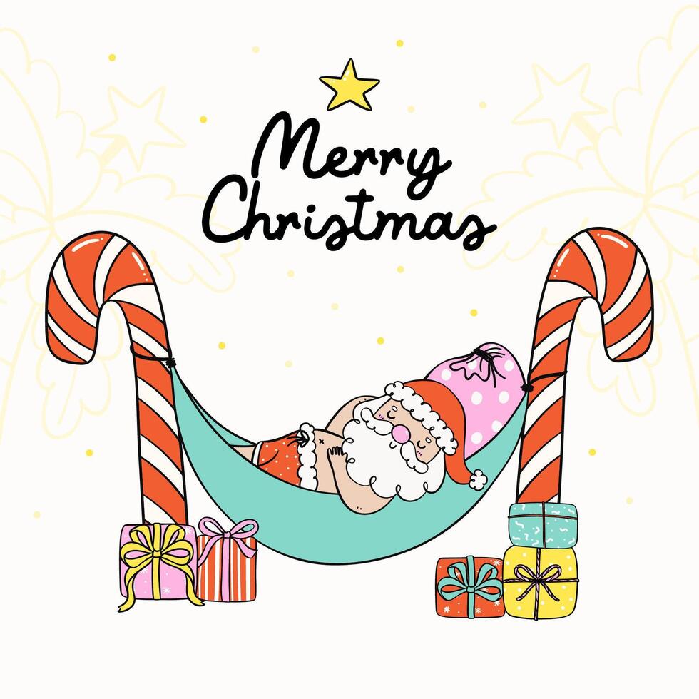 Groovy Christmas Summer Santa Playful Retro Cartoon of Santa Relaxing on Hammock vector