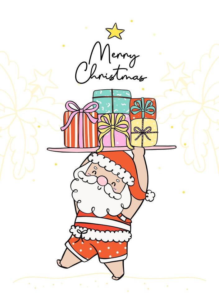 Cute Groovy Christmas Summer Retro Santa with Surfboard and Gift Boxes, idea for greeting card vector