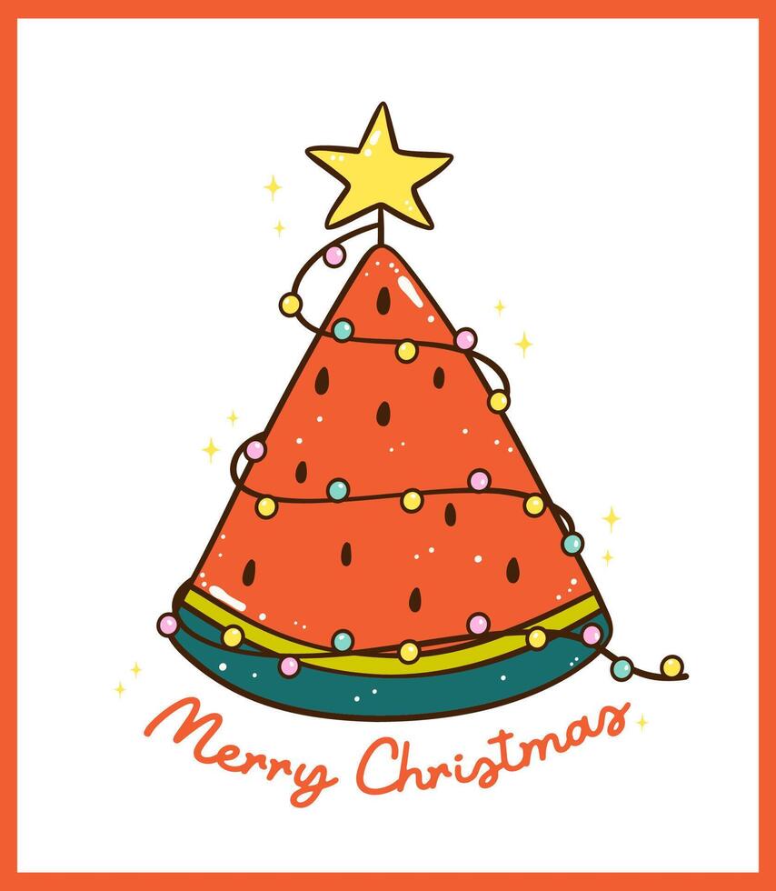 Cute Groovy Summer Christmas Tree Watermelon with star idea for greeting card vector