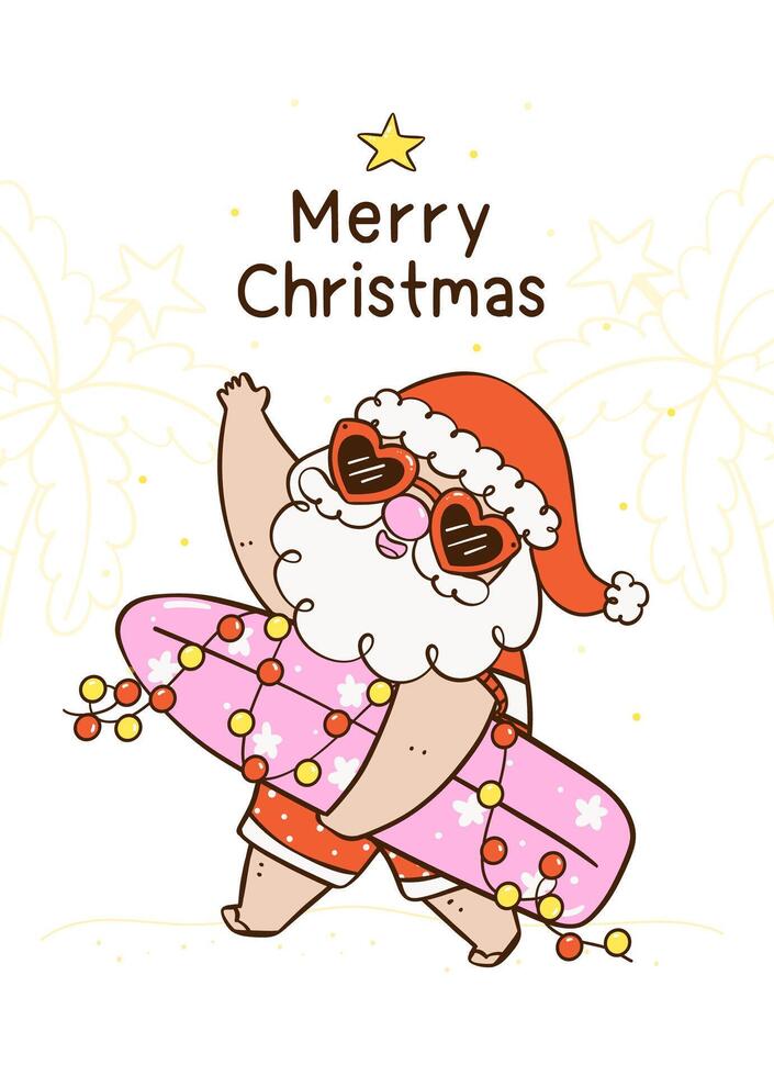 Cute Groovy Christmas Summer Retro Santa with Surfboard idea for greeting card vector