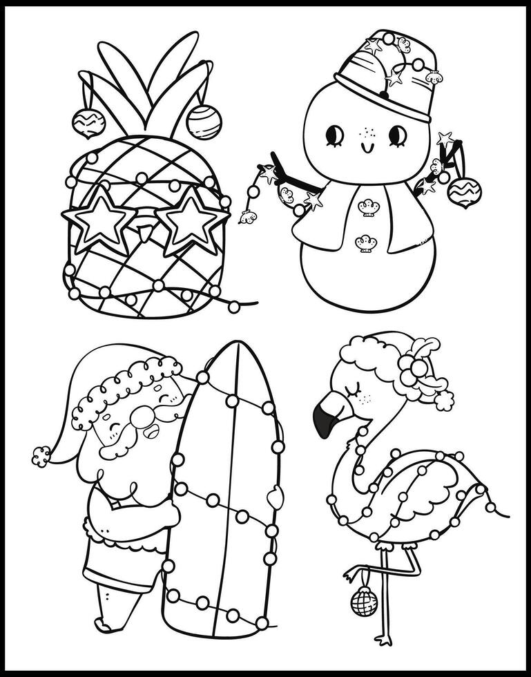 Cute Groovy Summer Christmas Playful cartoon Coloring page white and black outline set vector
