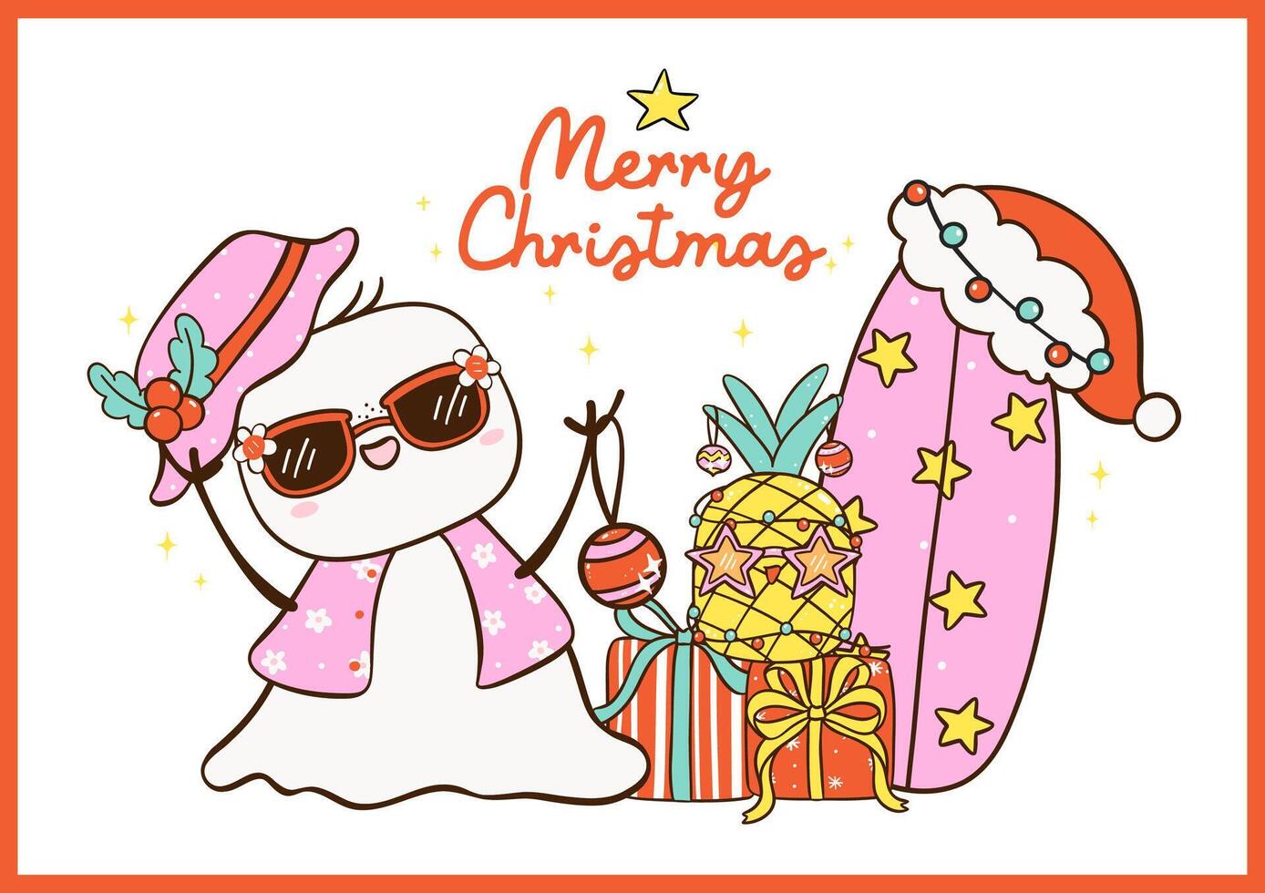 Group of Cute Groovy Christmas Summer Beach Snowman melted and surfboard idea for greeting card and banner vector