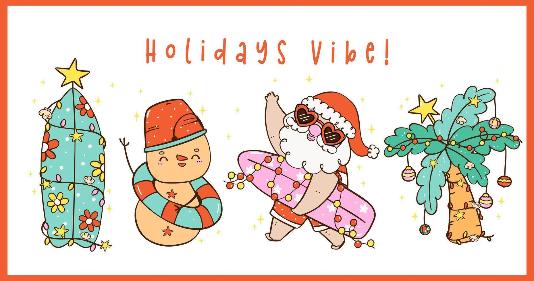 Group of Cute Groovy Christmas Summer Beach Santa and Sandman idea for greeting card and banner vector