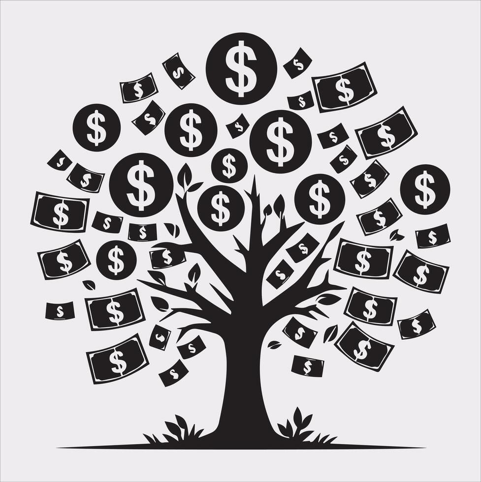 Unique Money Tree Silhouette Icon on White Background vector