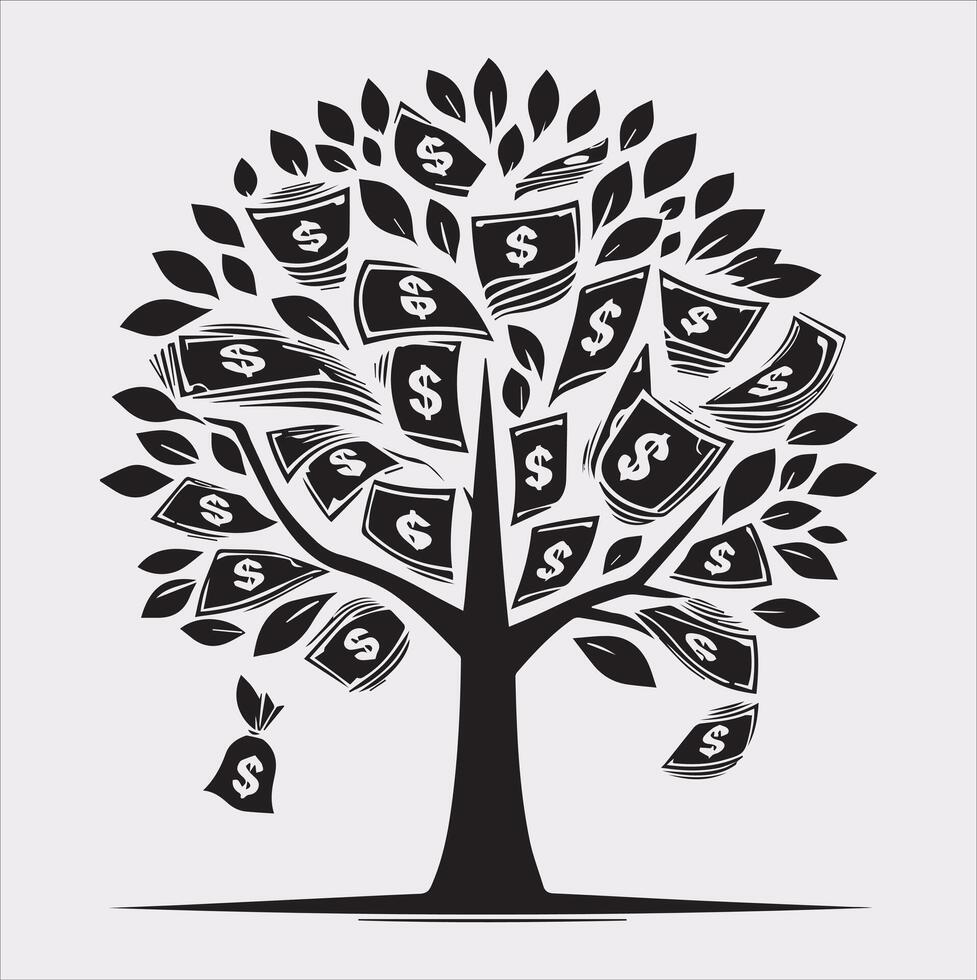 Financial Symbolism Money Tree Silhouette on White Background vector