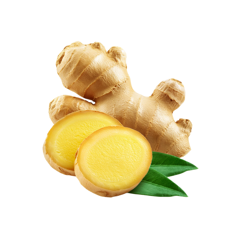 Whole ginger with slices and leaf on transparent background png