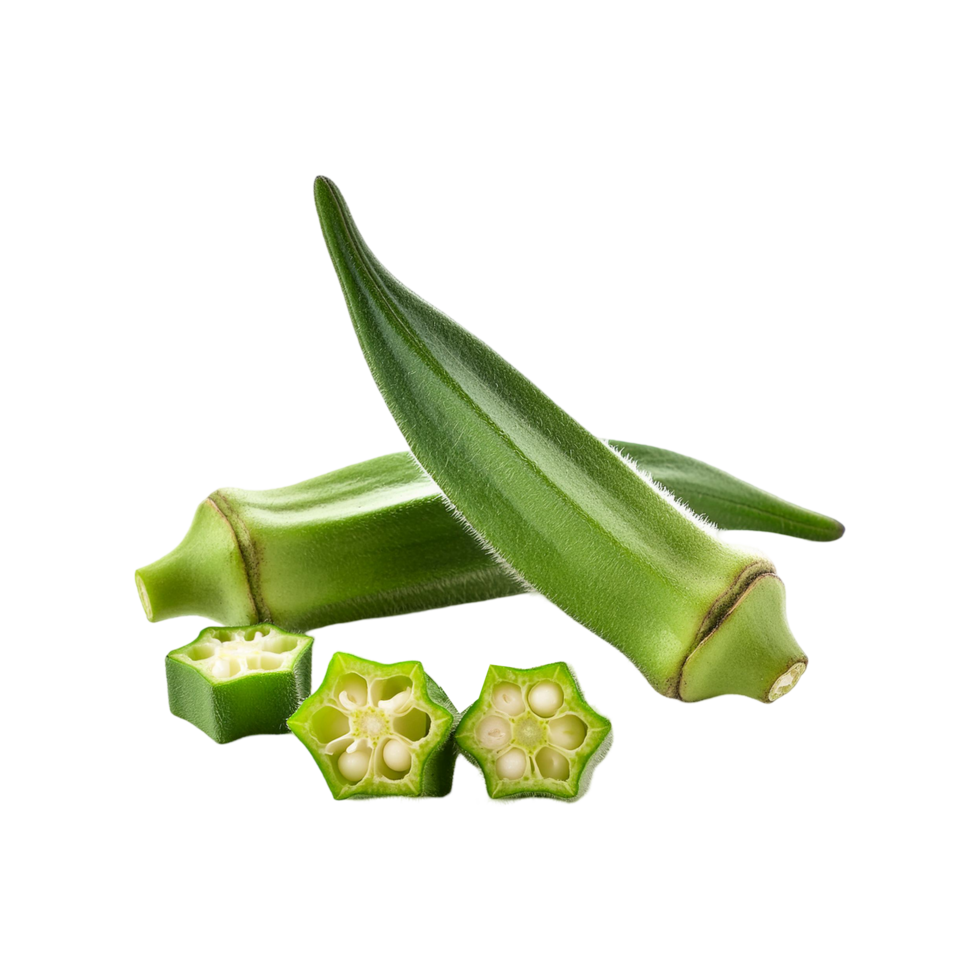 Fresh okra vegetable with slices on transparent background png