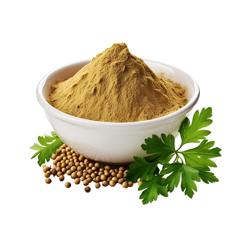 White Bowl of coriander powder on transparent background png