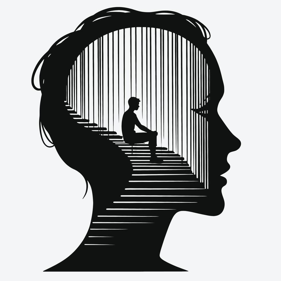 Silhouette of a woman sitting on stairs with a man in the background vector