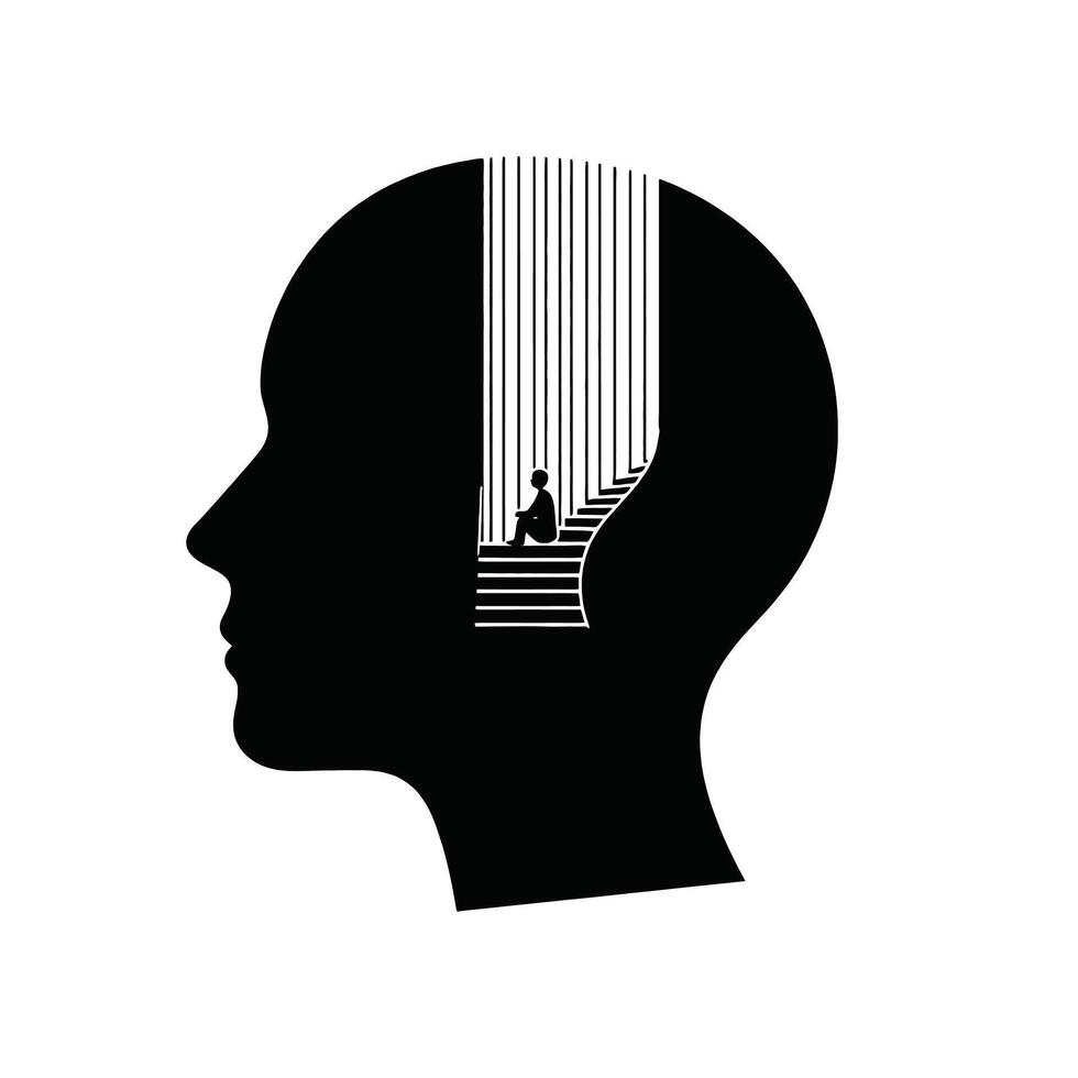 Silhouette of a man sitting on a staircase with a ladder in the background vector