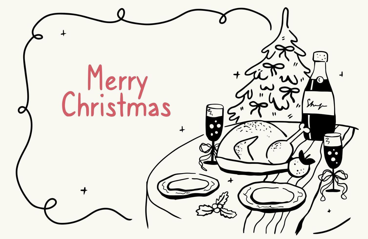 Minimalist Christmas dinner poster placard print in retro doodle style. Table served with food beverage. Christmas tree and champagne vector