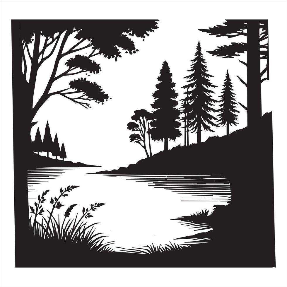 Peaceful Forest River Landscape Silhouette Artwork vector