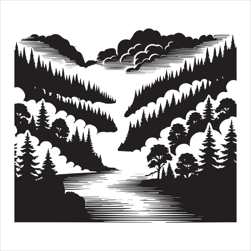 Serene River and Forest Silhouettes in Nature vector