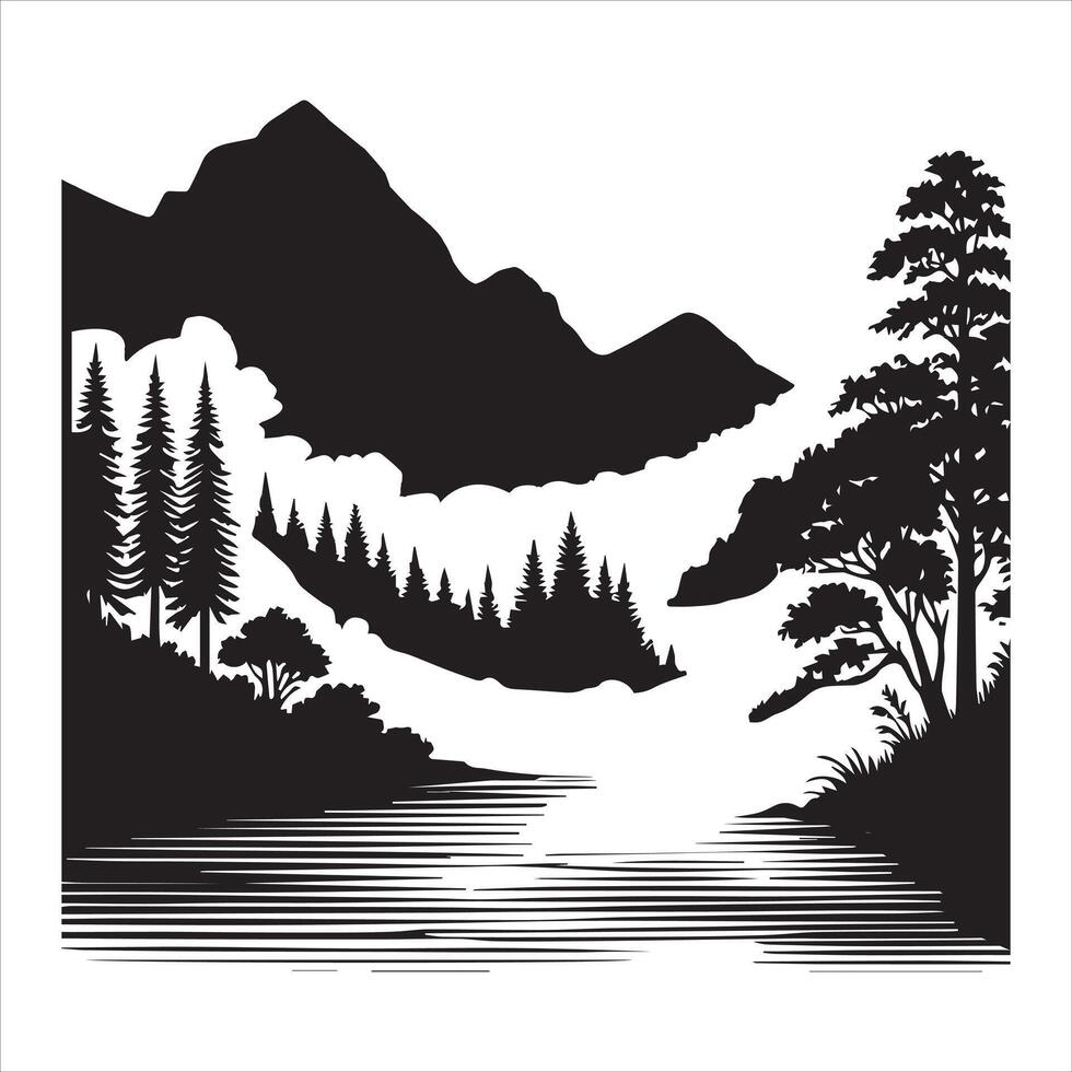 Beautiful Mountain and Forest Scene Silhouettes vector