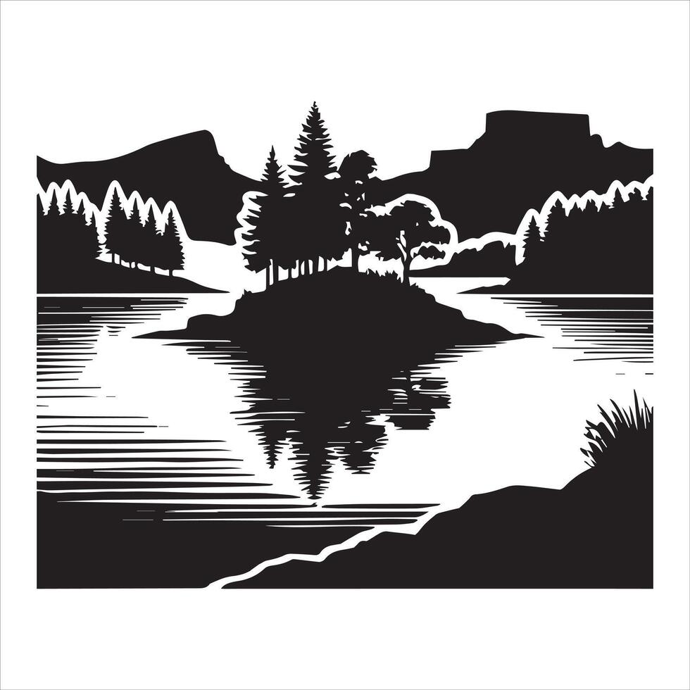 Forest River View Silhouette for Landscape Art vector