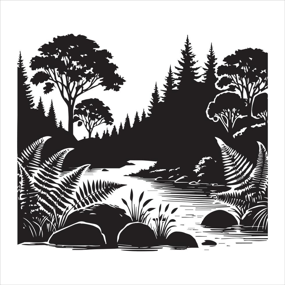 Forest River Scene Silhouettes with Trees and Water vector