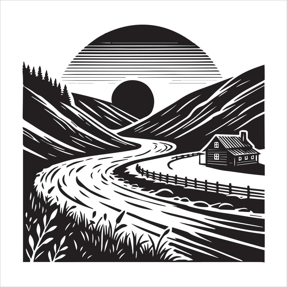 Silhouettes of Forest and River at Sunset vector
