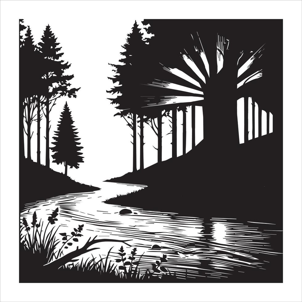 Silhouettes of River Flowing Through Forest Landscape vector