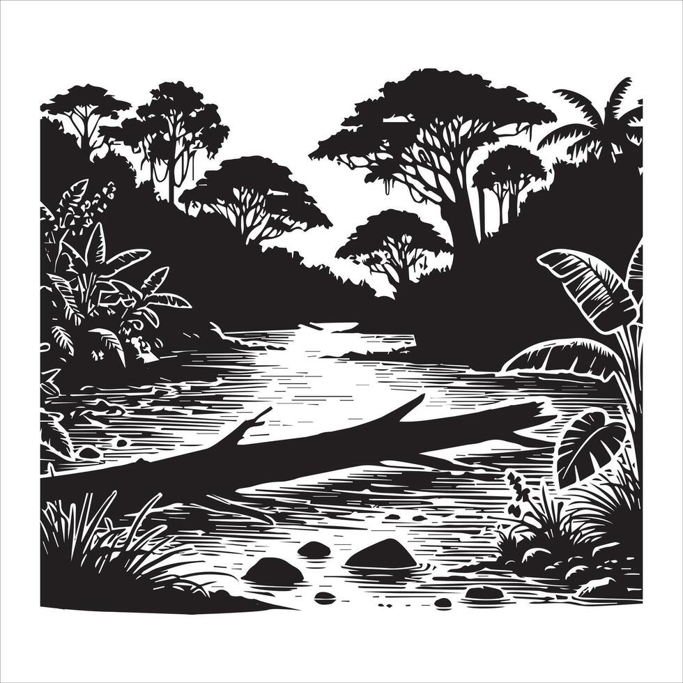 Silhouettes of River and Forest Wilderness Design vector