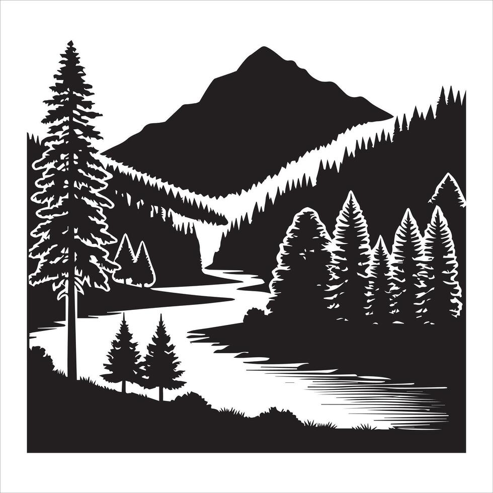 Stunning Forest and Mountain Silhouettes Art vector