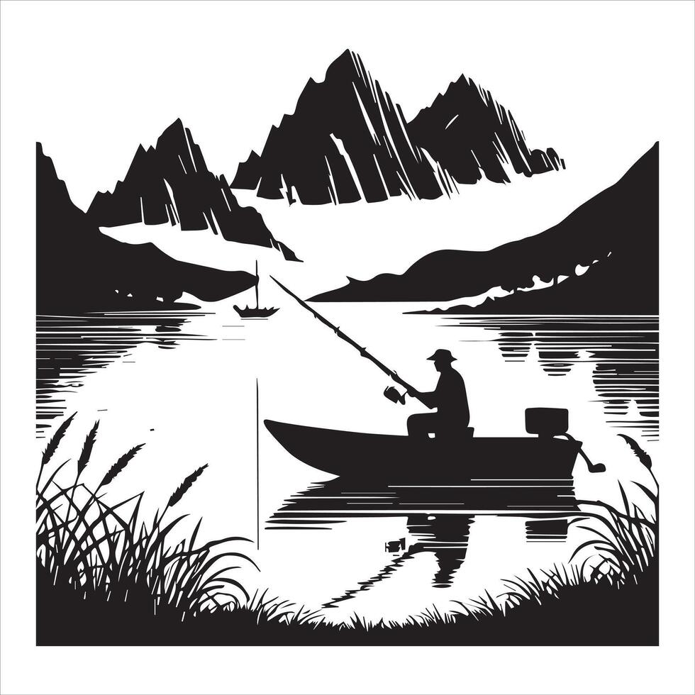 River With A Fisherman Fishing Scene silhouettes illustration in black and white vector