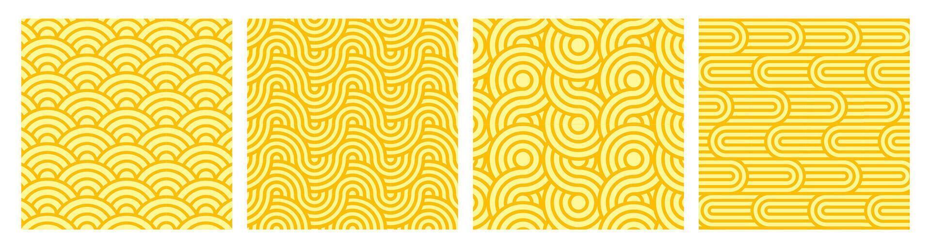 set of yellow ramen noodle pattern backgrounds. Seamless spaghetti, pasta or oriental asian food texture with wave lines geometric ornaments. Posters with italian meal with curve repeat stripes vector