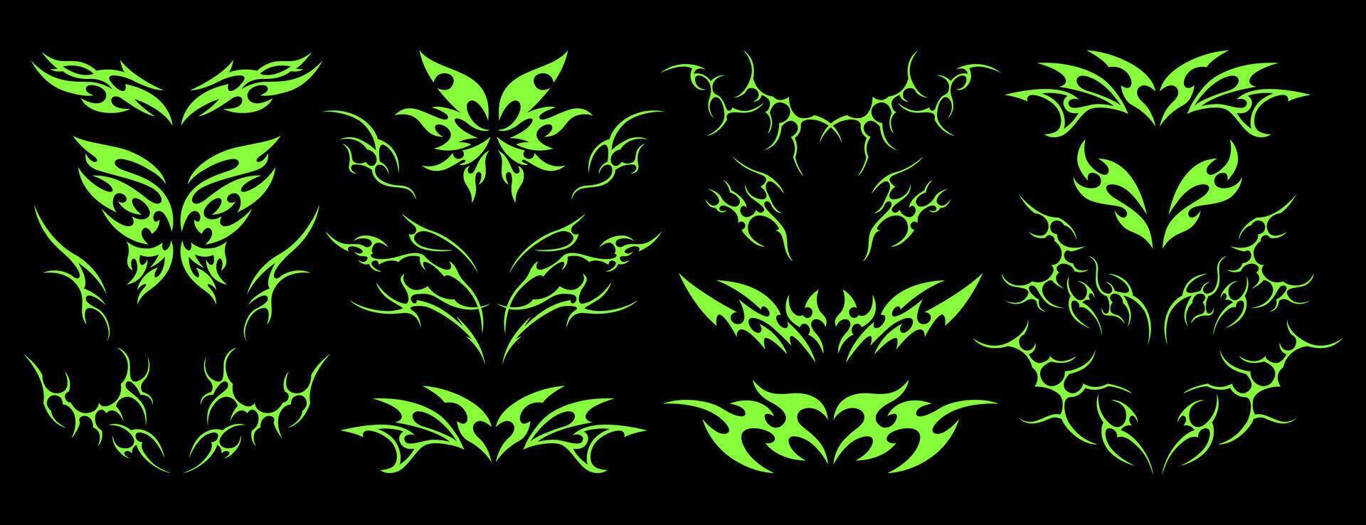 Acid neo tribal y2k goth tattoo with heart, butterfly, womb, symmetrical shapes and gothic art elements. Set of cybersigilism stickers, futuristic trendy grunge ornaments or hand drawn neotribal icons vector