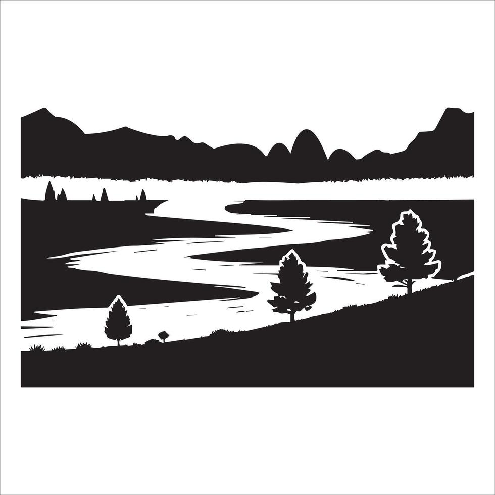 Silhouettes of Forest and Mountain View at Dawn vector