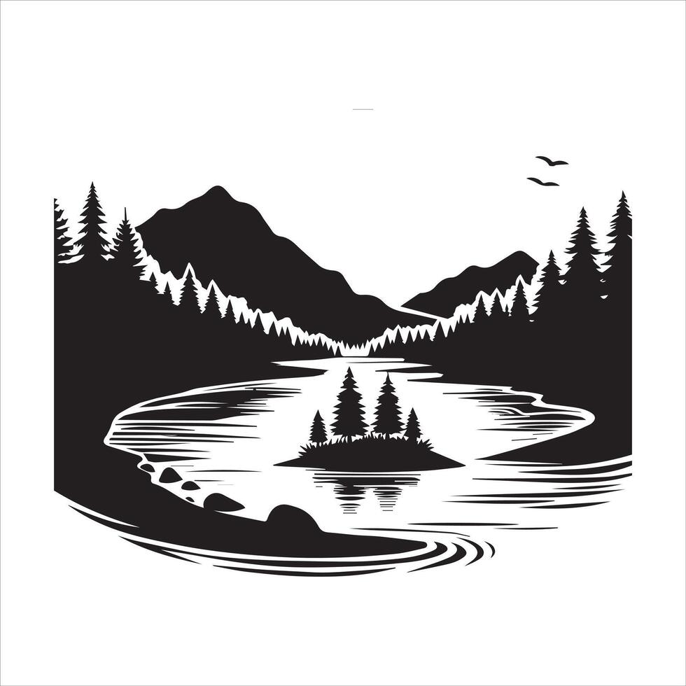 Scenic Forest and Mountain Silhouettes Design with river vector