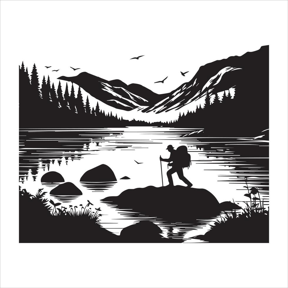 Black-and-White Forest and Mountain Silhouettes vector