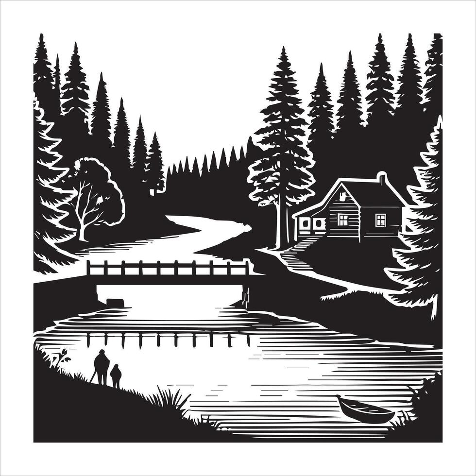 Black-and-White Forest River Landscape Silhouette vector