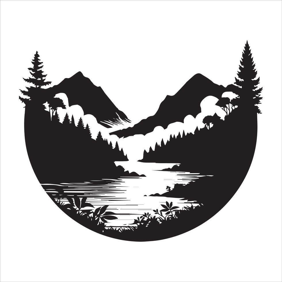 Forest and Mountain View Silhouette Art vector