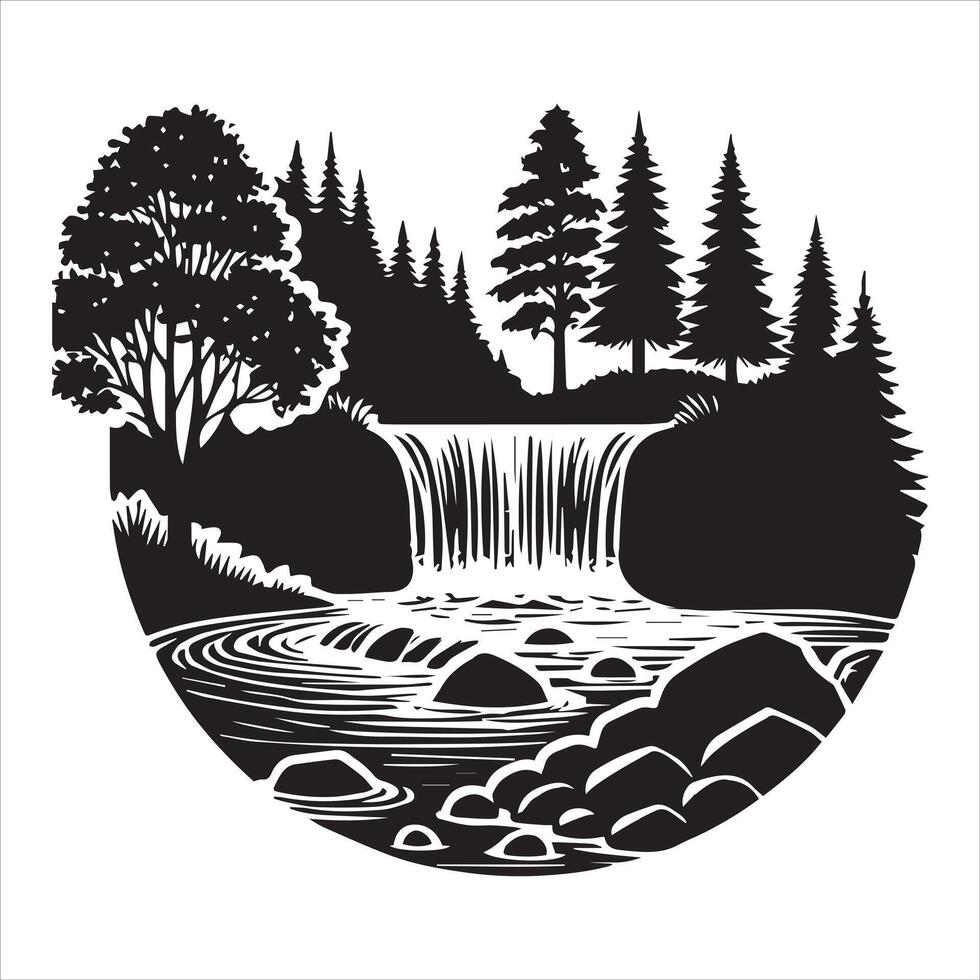 River Through Forest Silhouette Landscape Artwork vector
