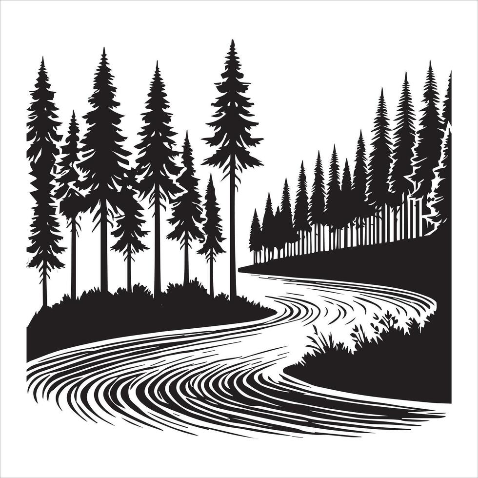 River Scene And Landscape silhouette illustration vector