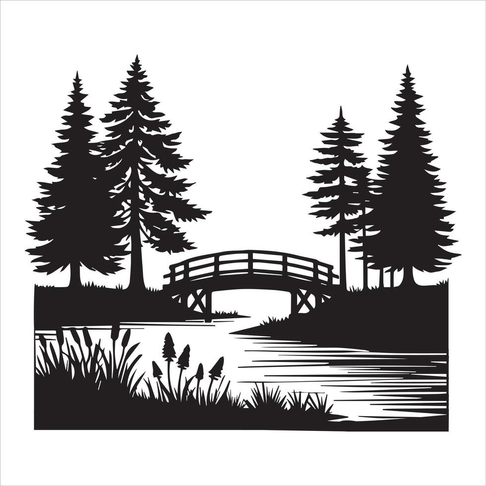Forest River View Silhouette for Landscape Art vector