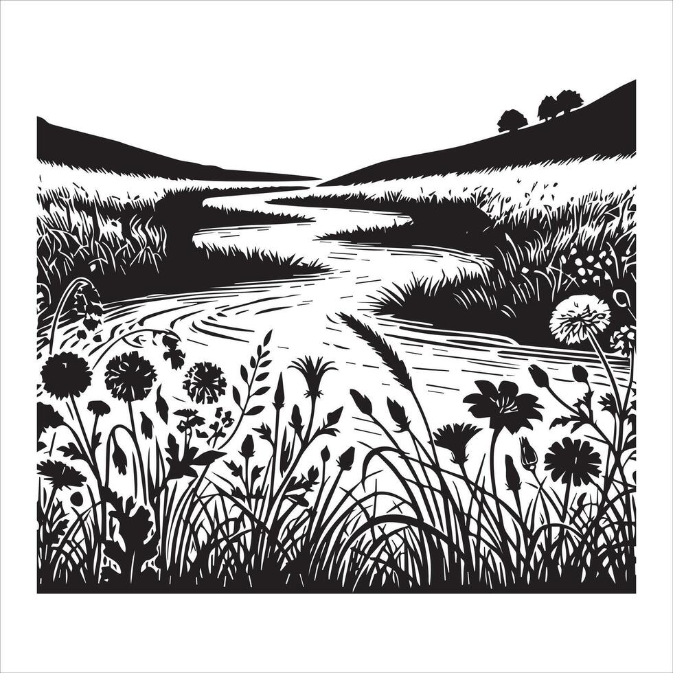 Vibrant Forest River Landscape Silhouette Artwork vector