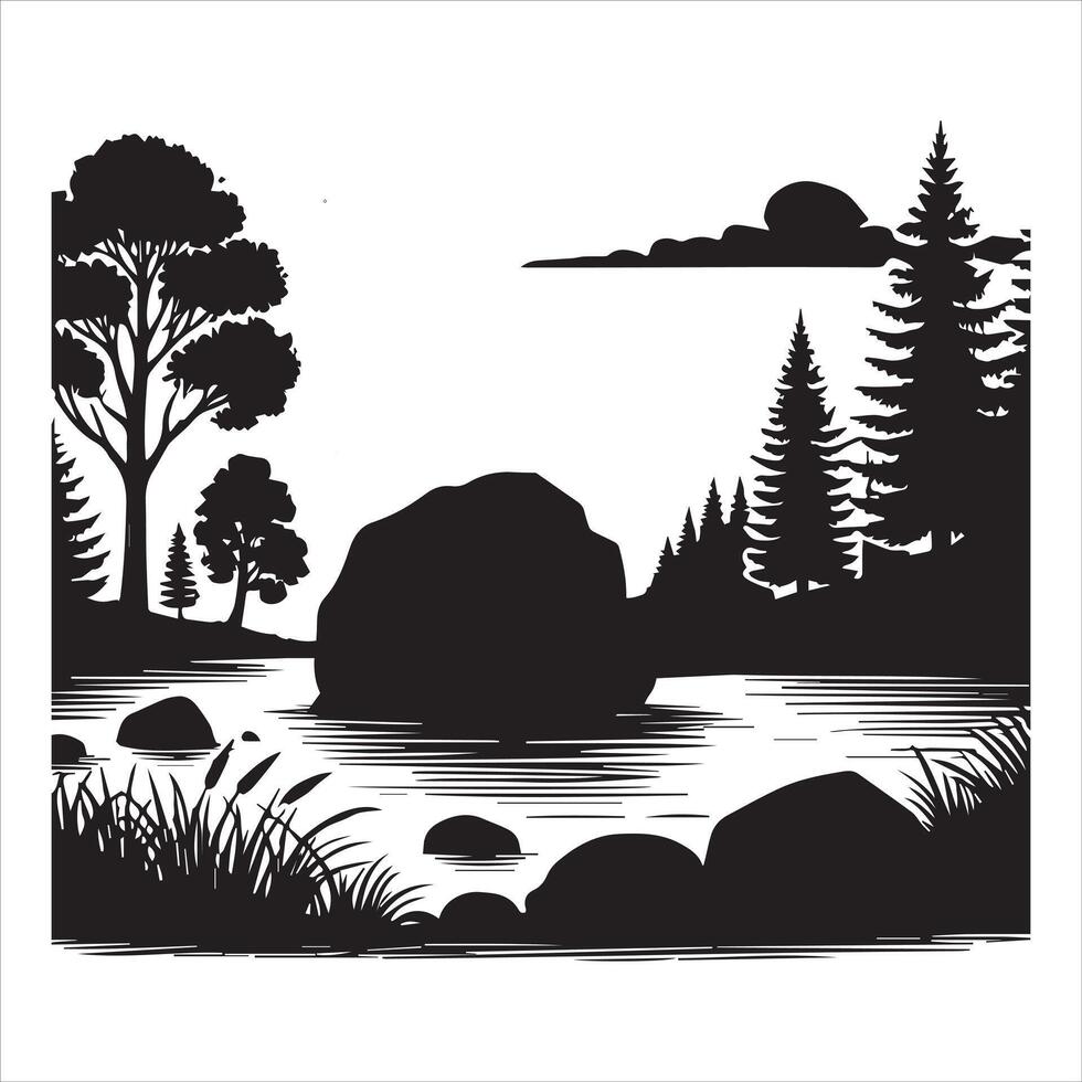 Forest River Landscape Silhouette Art Design vector
