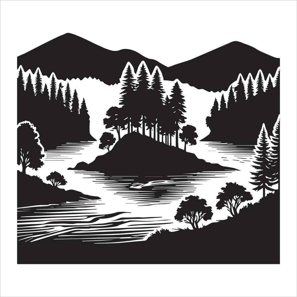 Nature-Inspired Forest River Silhouette Design vector