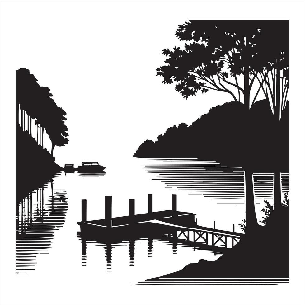 Black-and-White Forest River Landscape Silhouette vector